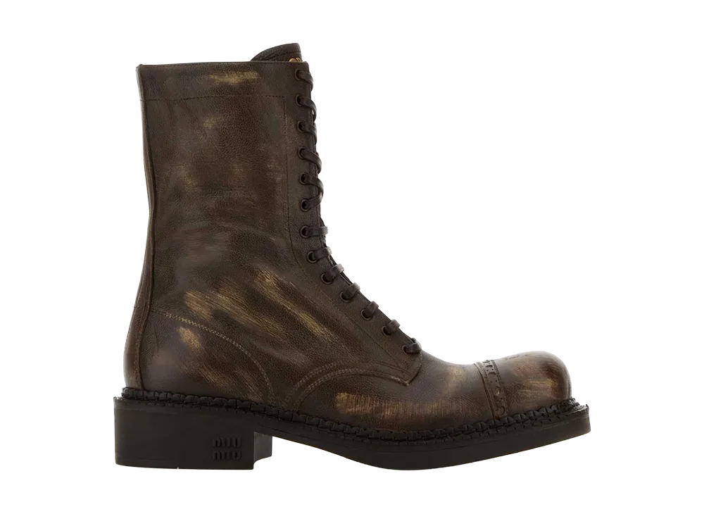 MIU MIU Women's Foule Leather Lace-up Boots "Brown"