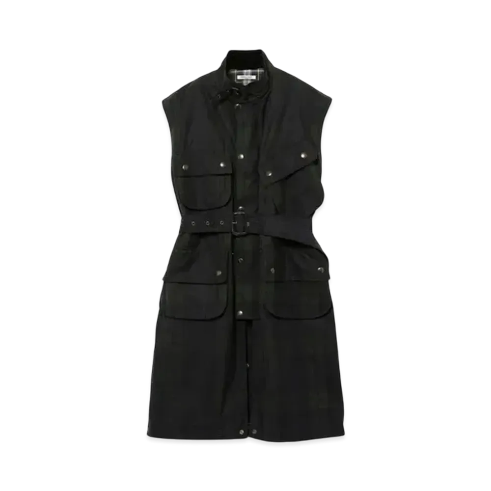 FUMIKA UCHIDA Oiled Tartan Plaid Sleeveless Hunter Coat "Dark Navy"