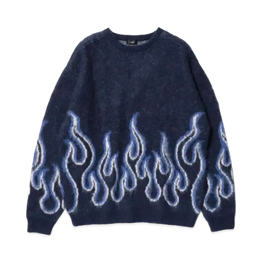 BEAMS 7 Gauge Fire Shaggy Crew Neck Knit "Navy"
