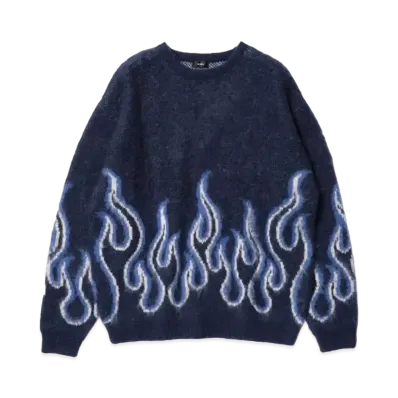 BEAMS 7 Gauge Fire Shaggy Crew Neck Knit "Navy"