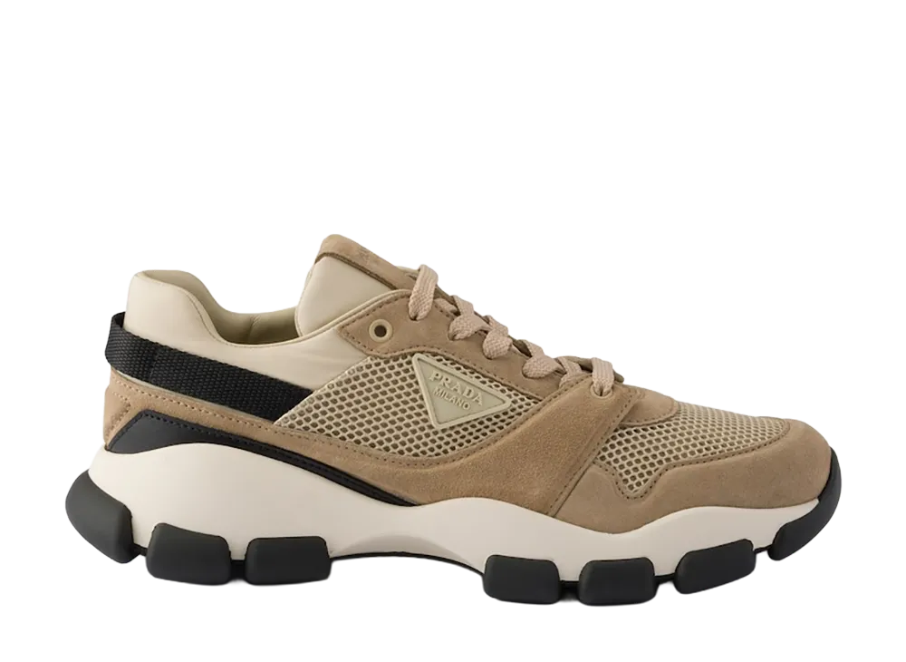 PRADA Women's Mesh Fabric Suede Sneakers "Desert Beige"