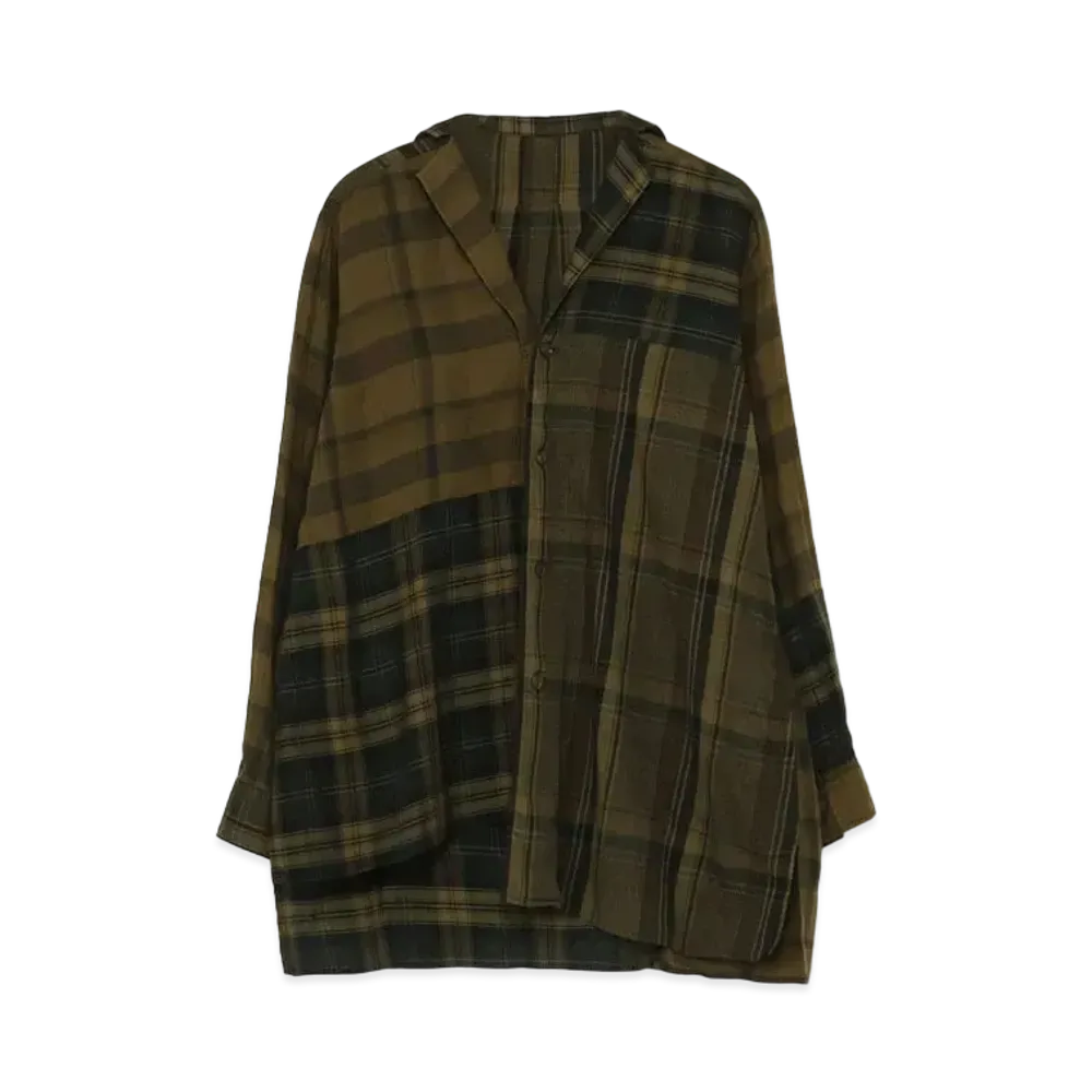 Yohji Yamamoto Y's TWILL CHECKED ASYMME SQUARE SHIRT "Khaki"
