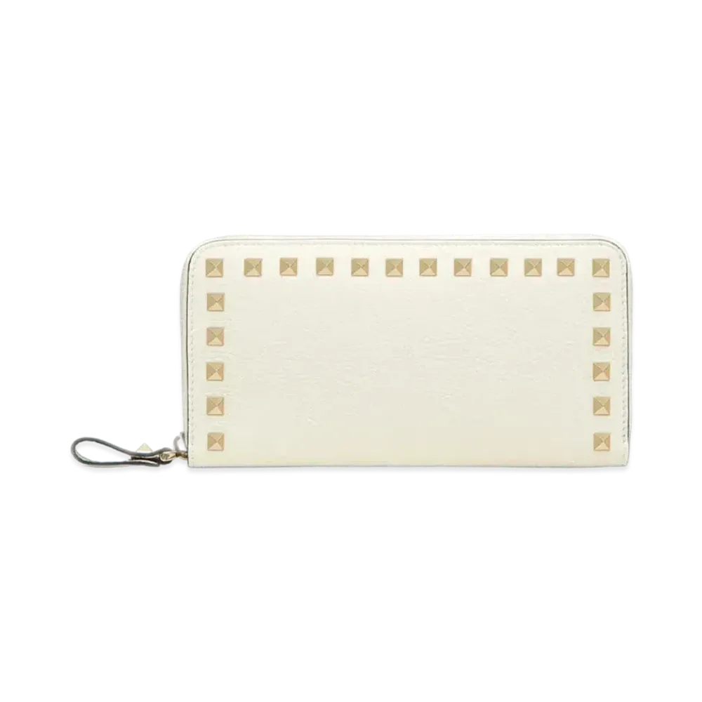 Valentino Rockstud Grainy Calfskin Zippered Wallet "Light Ivory"