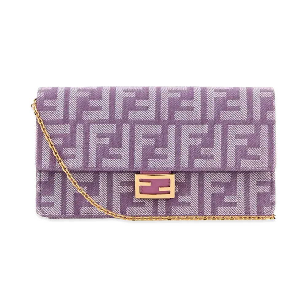 FENDI Women's Embroidered Denim Baguette Shoulder Wallet "Purple"