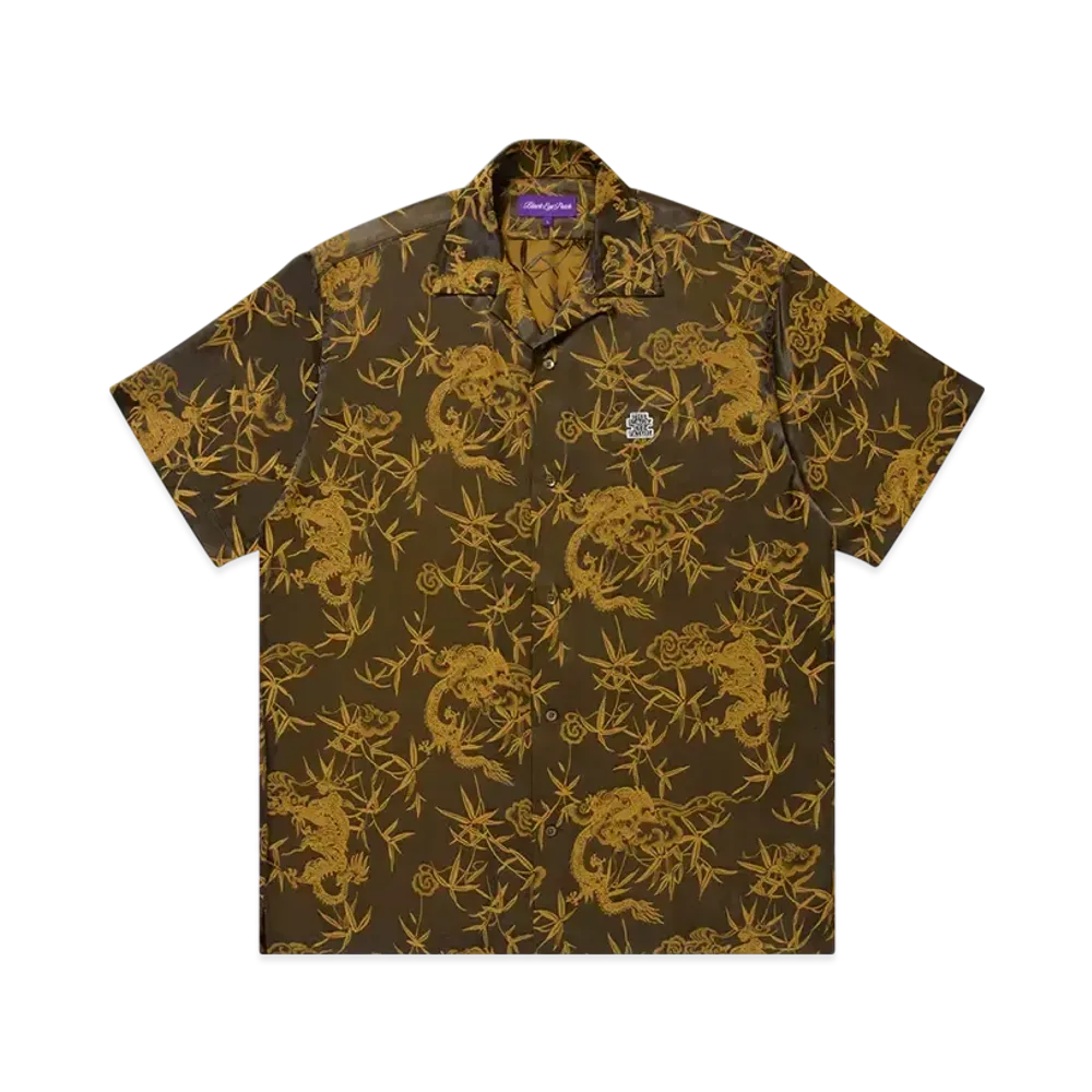BlackEyePatch Dragon Textile Open Collared Satin S/S Shirt "Brown"