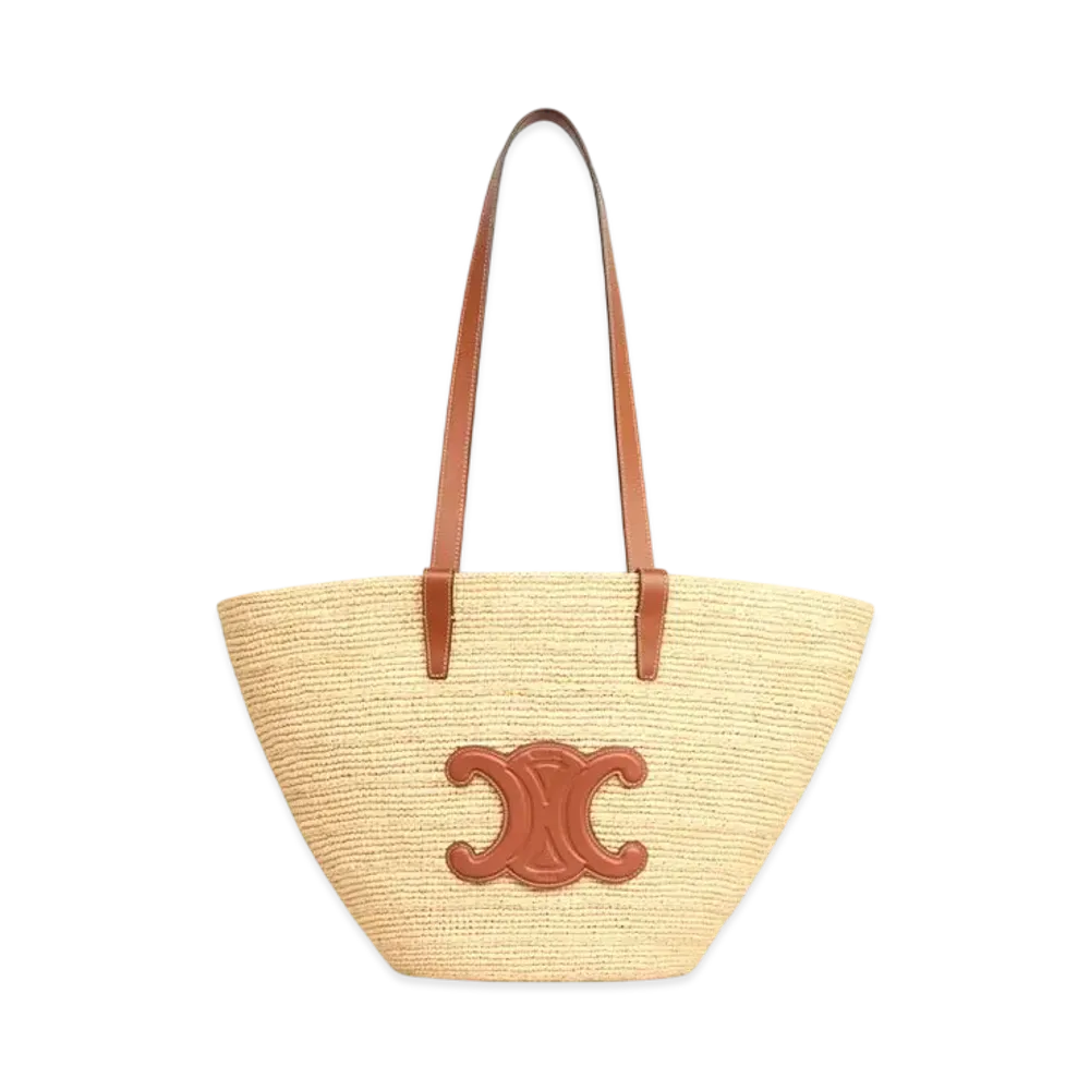CELINE Medium Supple Celine Classic Panier in Raffia and Calfskin "Tan"