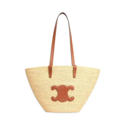 CELINE Medium Supple Celine Classic Panier in Raffia and Calfskin "Tan"