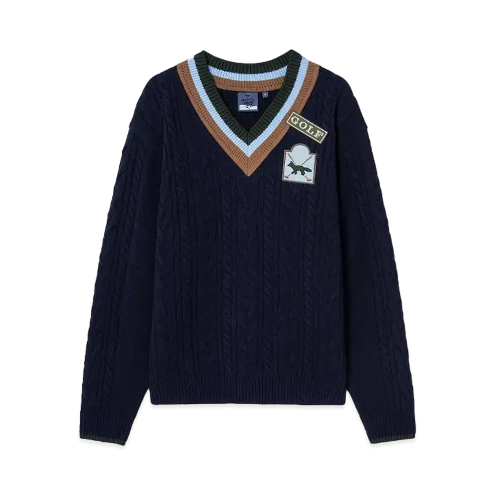 Maison Kitsune Cable V-Neck Pullover Sweater "Navy"