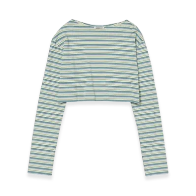 AURALEE Hard Twist Cotton Border Boat Neck L/S T-Shirt "Light Green Border"