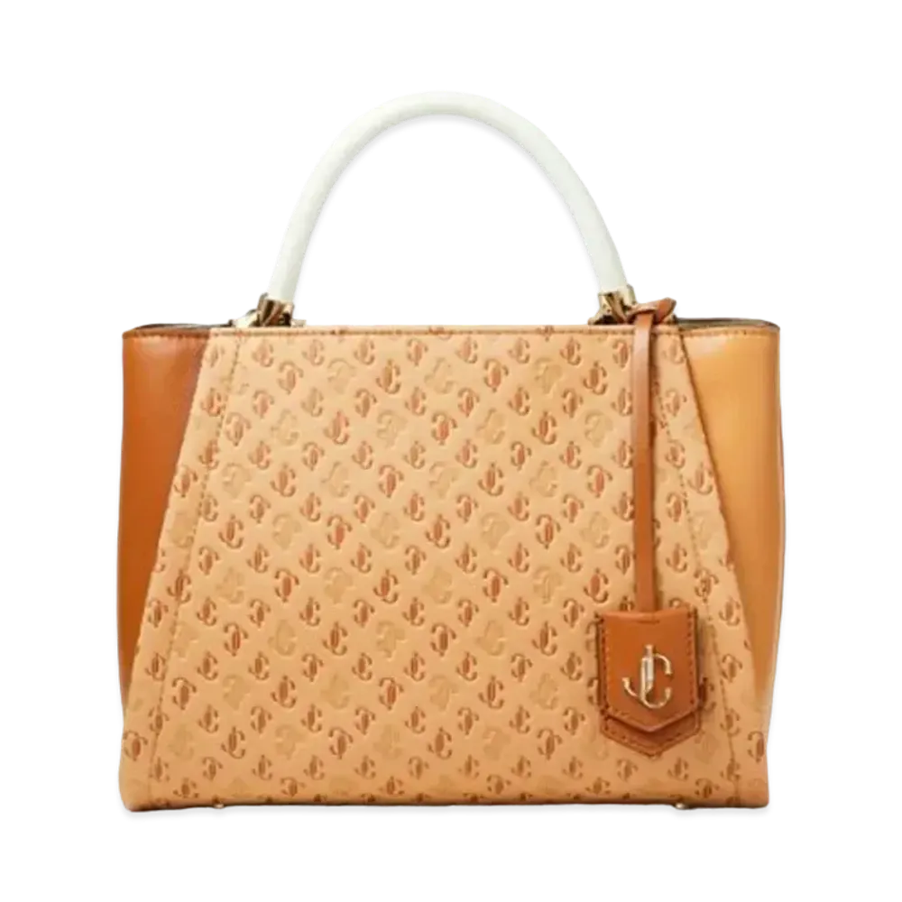 Jimmy Choo Varenne Top Handle M JC Logo Pattern And Calf Leather Top Handle Bag With JC Logo "Caramel Mix"