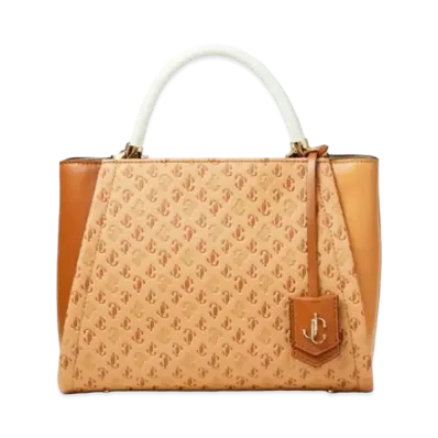Jimmy Choo Varenne Top Handle M JC Logo Pattern And Calf Leather Top Handle Bag With JC Logo "Caramel Mix"