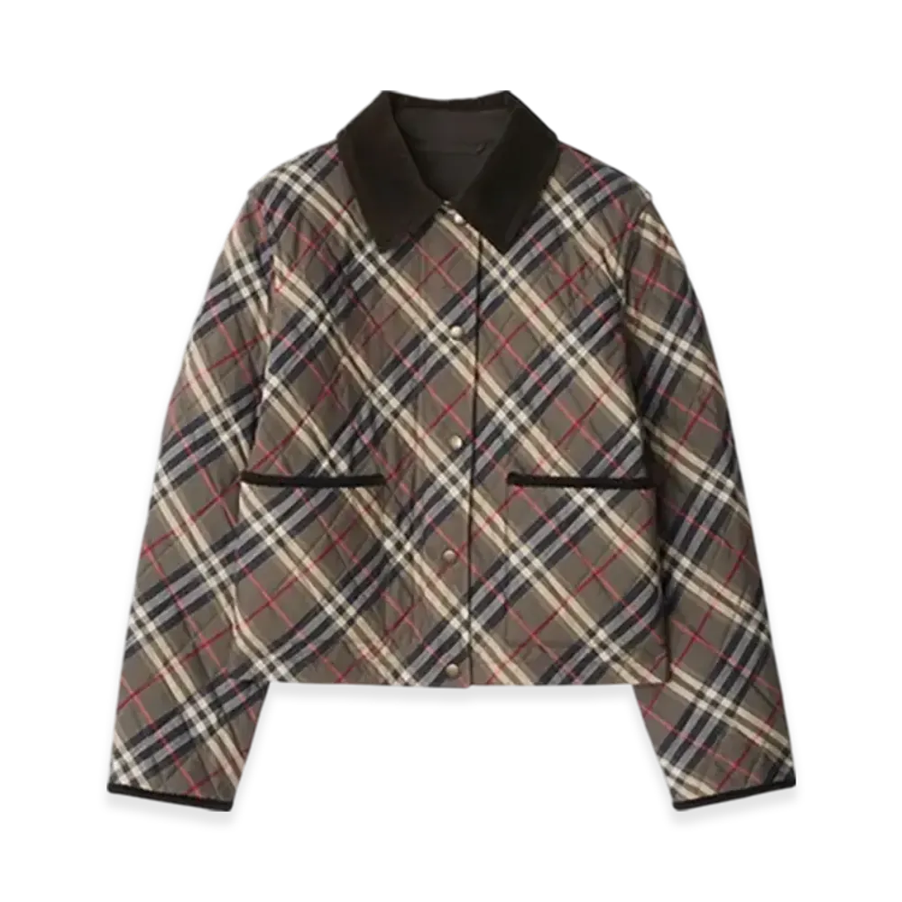 Burberry Cropped Check Quilting Cotton Jacket "Moss Brown/Ink Grey"