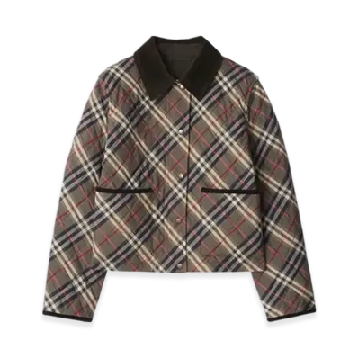Burberry Cropped Check Quilting Cotton Jacket "Moss Brown/Ink Grey"