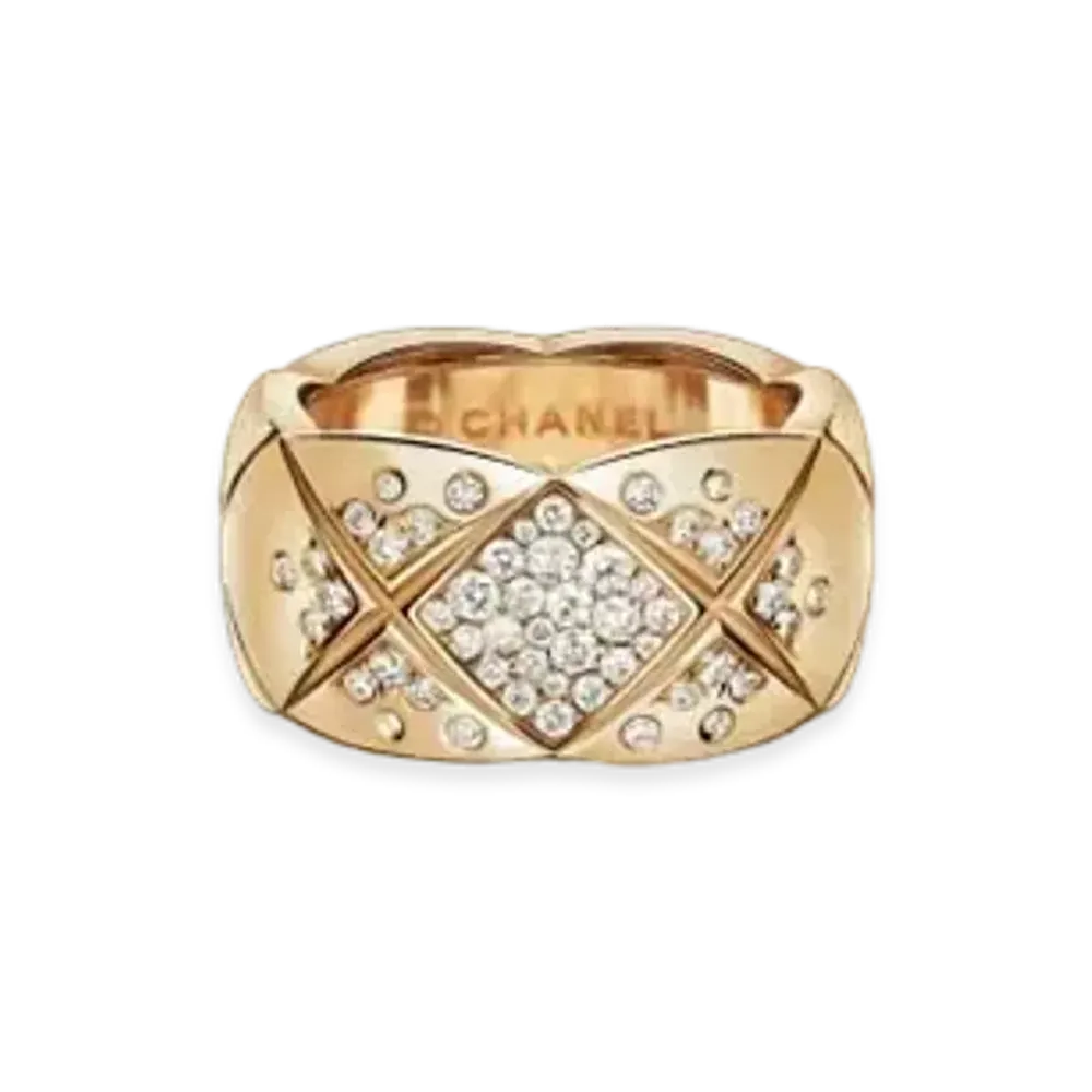 CHANEL Coco Crush Ring Quilted Motif, Large Version, 18K Beige Gold, Diamonds