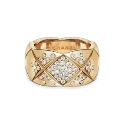 CHANEL Coco Crush Ring Quilted Motif, Large Version, 18K Beige Gold, Diamonds