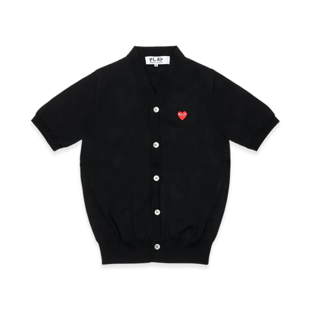 PLAY COMME des GARCONS V-Neck Short Sleeve Cardigan With Red Medium Emblem "Black"
