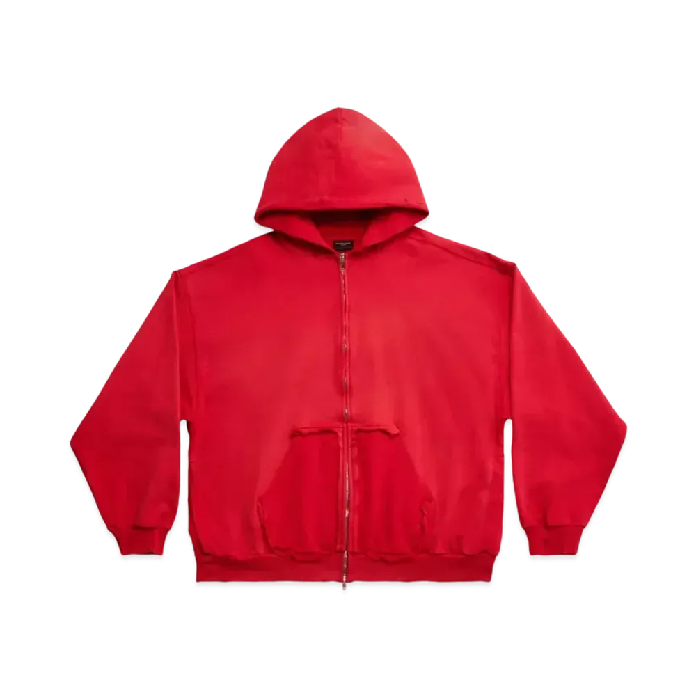 BALENCIAGA MENS Tape Type Ripped Pocket Zip Up Hoodie Large Fit "Red"