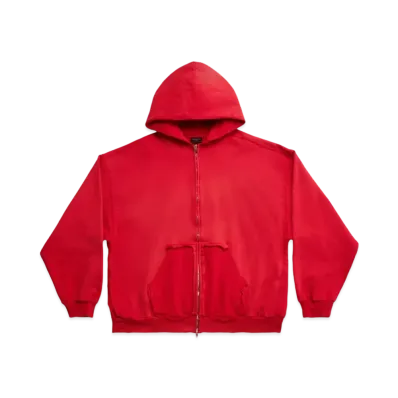 BALENCIAGA MENS Tape Type Ripped Pocket Zip Up Hoodie Large Fit "Red"