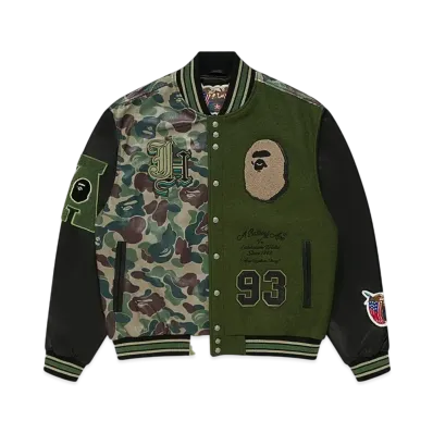 A BATHING APE x Jeff Hamilton Abc Camo Multi Logo Wool And Leather Jacket "Olive"