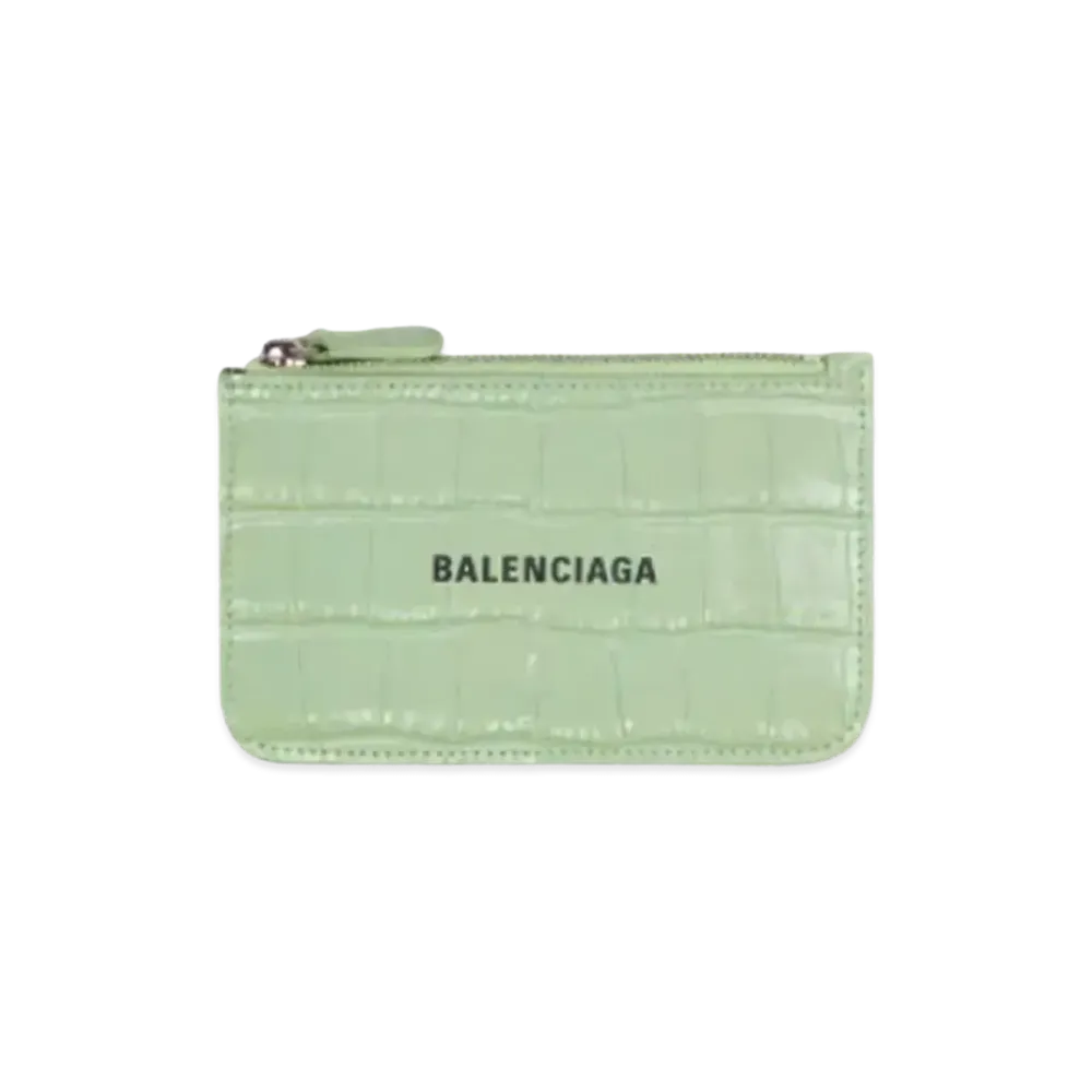 BALENCIAGA Cash Large Long Coin And Card Holder In Shiny Crocodile Embossed Calfskin "Light Green"