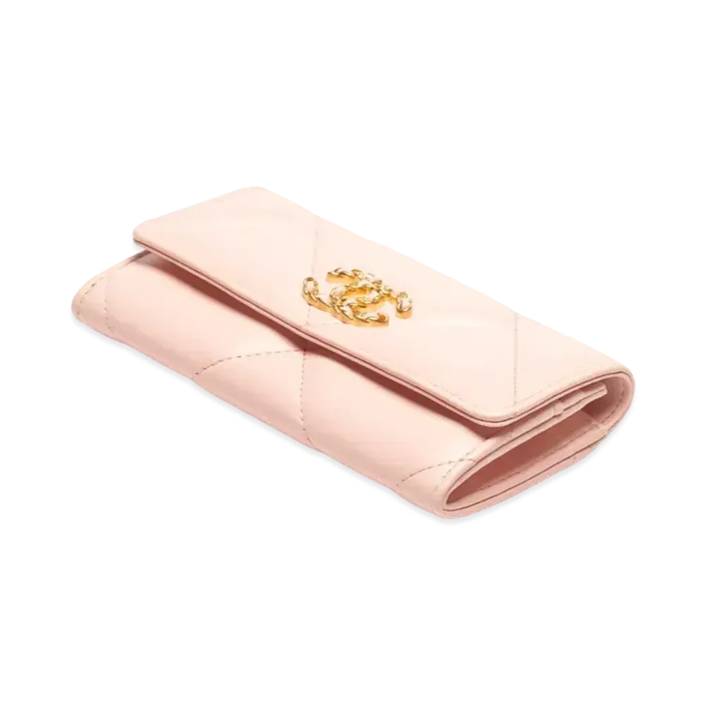 CHANEL 19 Flap Wallet Shiny Lambskin Gold Tone Silver Tone & Ruthenium Finish Metal "Pink"