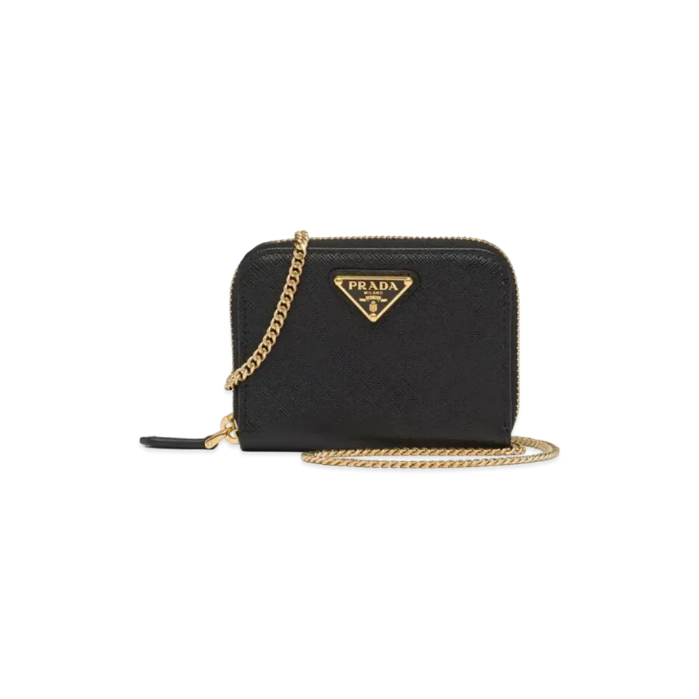 PRADA Saffiano Leather Card Holder With Shoulder Strap "Black"
