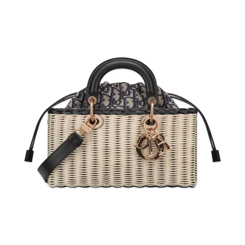Dior Medium Lady D-Joy Bag Dior Oblique Jacquard Natural Wicker "Black/Blue"