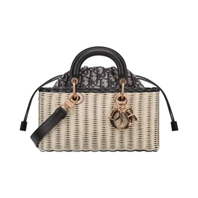 Dior Medium Lady D-Joy Bag Dior Oblique Jacquard Natural Wicker "Black/Blue"