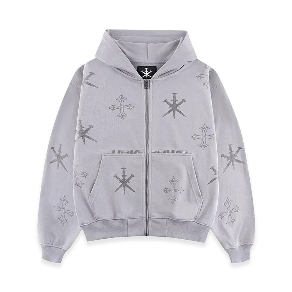 Unknown London Dagger Cross Rhinestone Zip Hoodie "Gray"