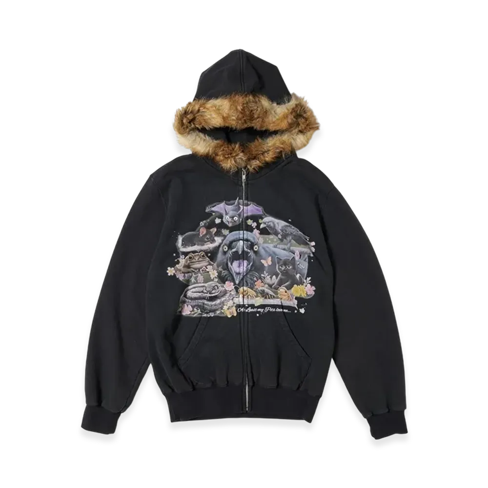doublet Furry Collar Zip-Up Hoodie "Black"