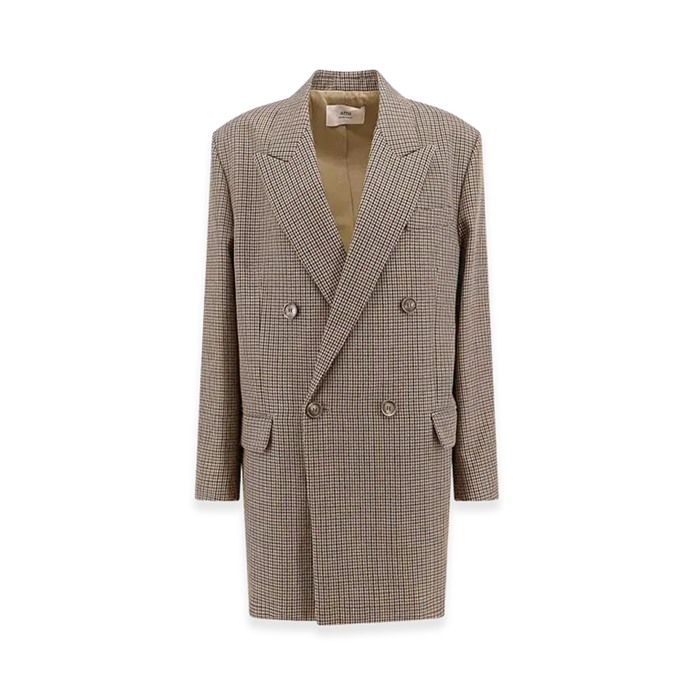 AMI PARIS Women's Virgin Wool Blazer with Pied De Poule Motif "Beige"