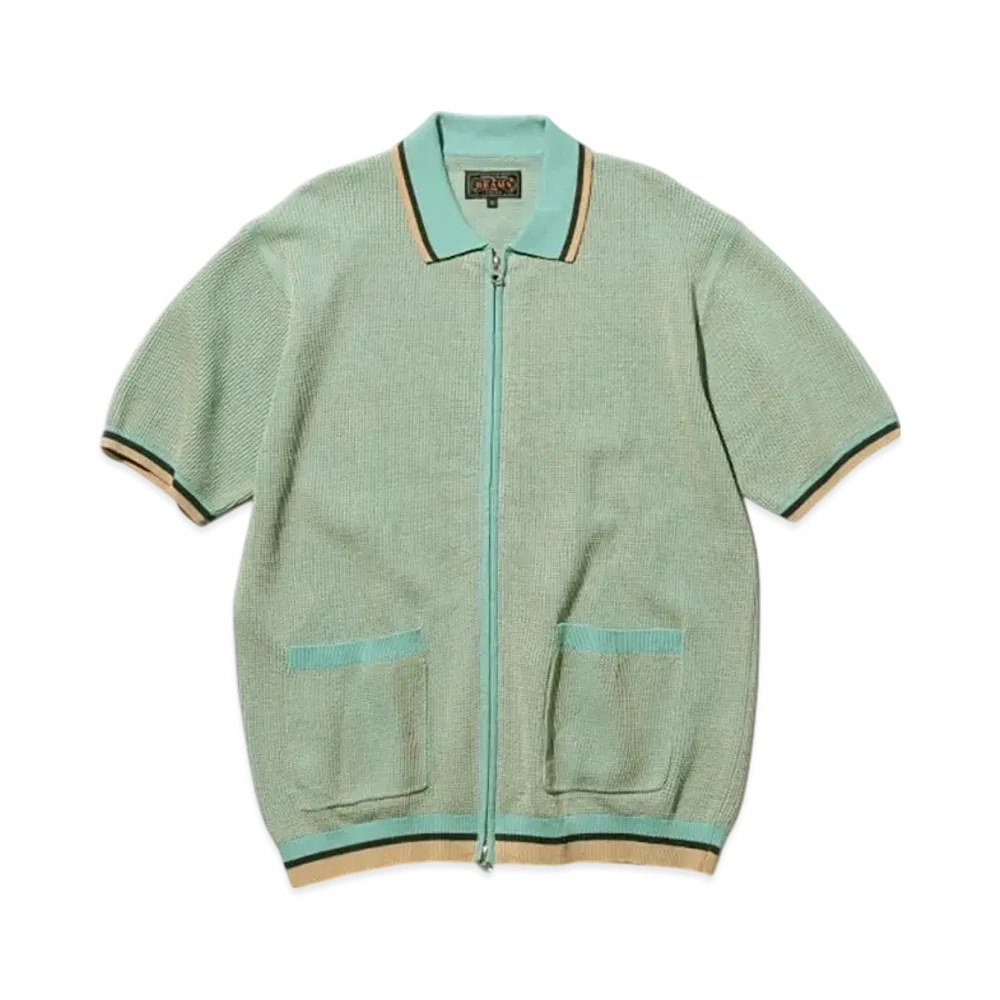 BEAMS Zip Knit Polo Solid "Sax"