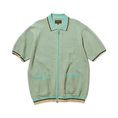 BEAMS Zip Knit Polo Solid "Sax"