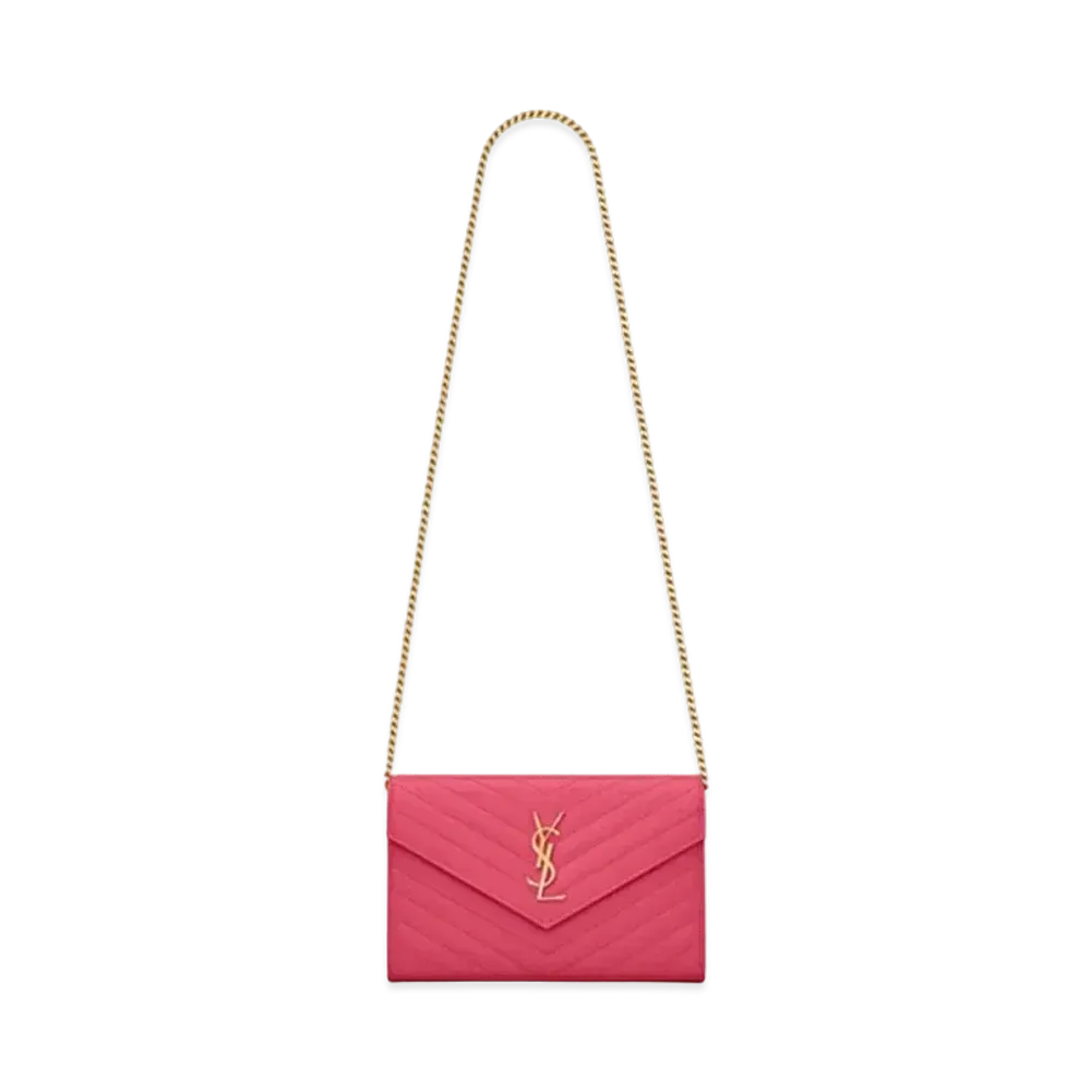 Saint Laurent Monogram Chain Wallet In Grain De Poudre Embossed Leather "Fuchsia"