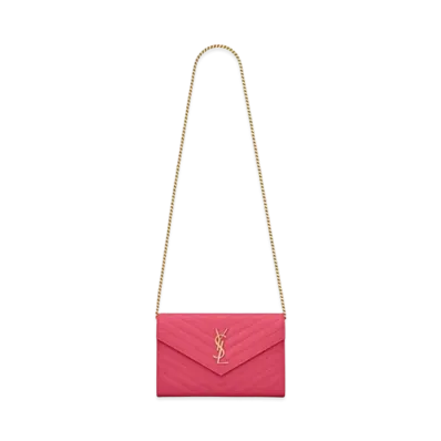 Saint Laurent Monogram Chain Wallet In Grain De Poudre Embossed Leather "Fuchsia"