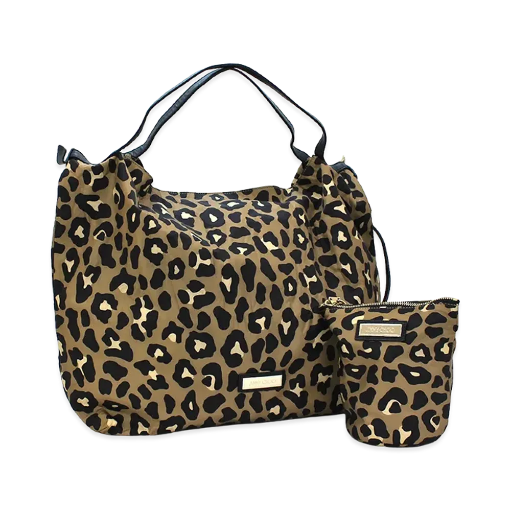 Jimmy Choo Women's Leopard Print Nylon Tote Bag "Hazelnut Mix"