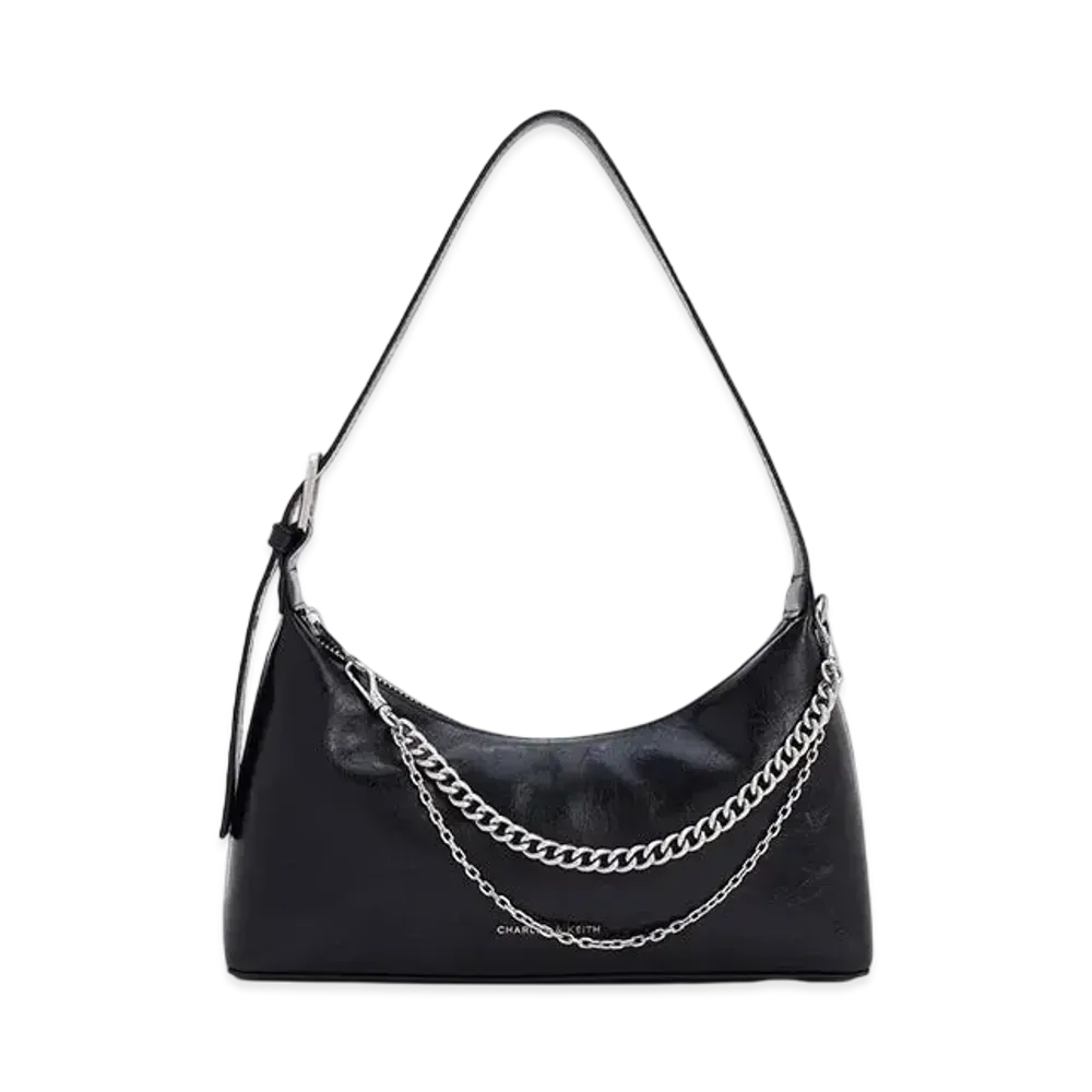 CHARLES & KEITH Atwood Crinkle Effect Chain Embellished Hobo Bag "Noir"