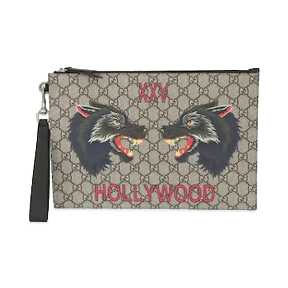 GUCCI Wolf Print GG Supreme Pouch "Beige/Ebony"
