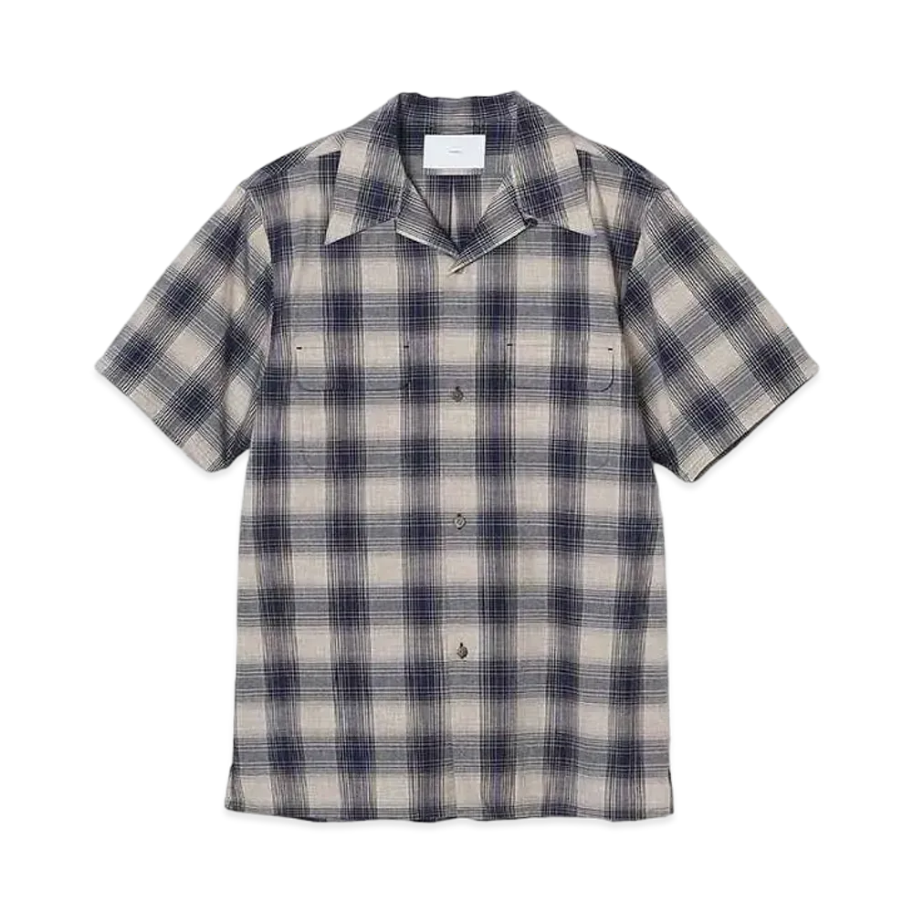 SUGARHILL YAK OMBLE PLAID OPEN COLLER BLOUSE HALF SLEEVE "BLUE OMBRE"