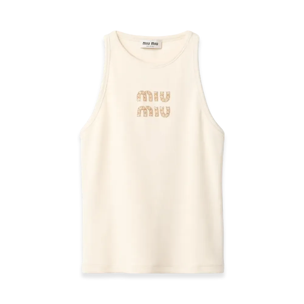 MIU MIU Women's Embroidered Logo Ribbed Jersey Top "Natural"