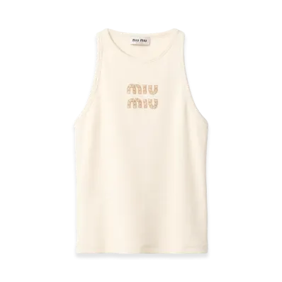 MIU MIU Women's Embroidered Logo Ribbed Jersey Top "Natural"