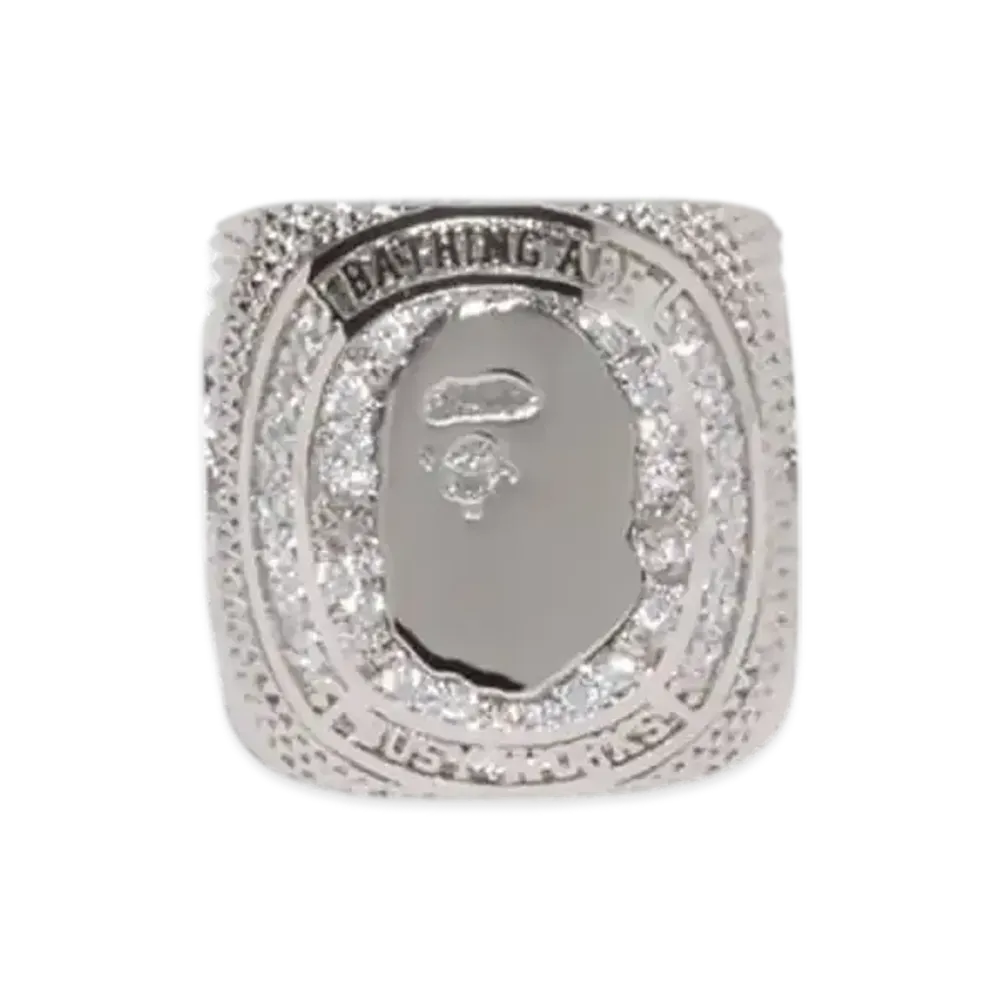 A BATHING APE Rhinestone College Ring "Silver"