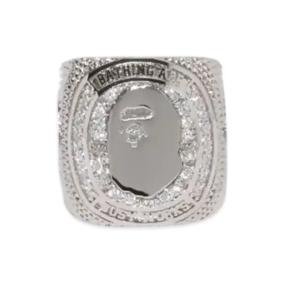A BATHING APE Rhinestone College Ring "Silver"