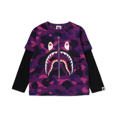 A BATHING APE Kids Color Camo Shark Layered Ls Tee "Purple"