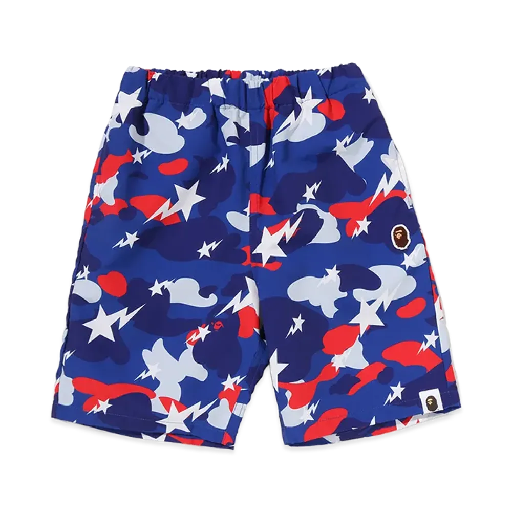 A BATHING APE Kids Sta Strike Camo Beach Shorts "Blue"