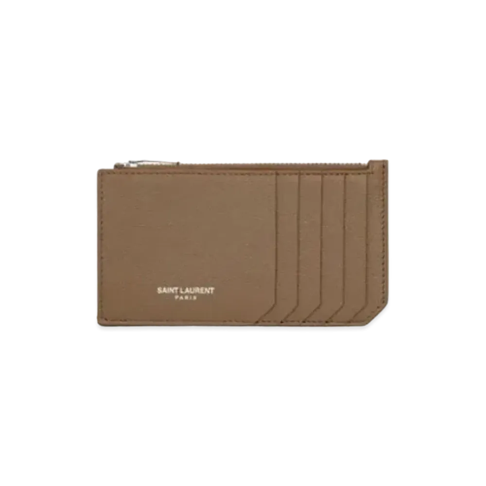 Saint Laurent Fragments Zipped Card Case In Grain De Poudre-Embossed Leather "Dark Wood"