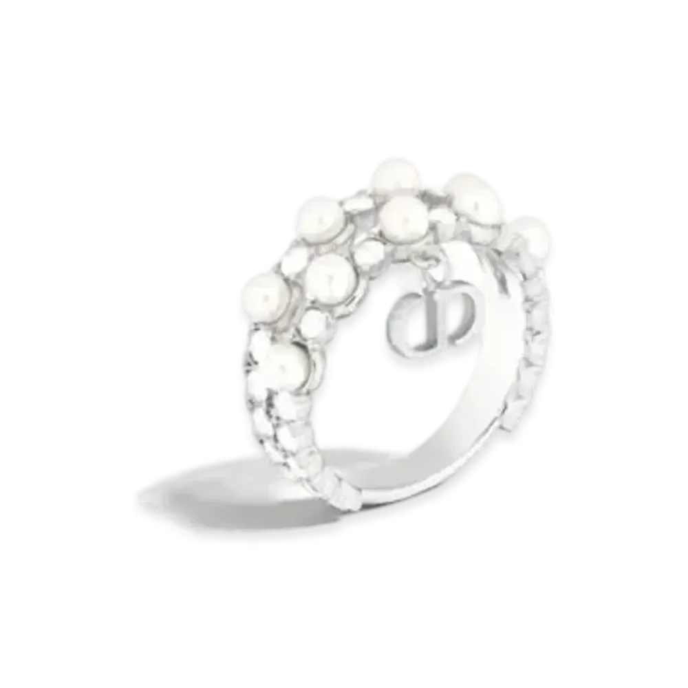 Dior Petit CD Treasure Ring Metal with Resin Pearls and Crystals "Silver/White"