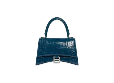 BALENCIAGA Hourglass Small Handbag In Shiny Crocodile Embossed Calfskin "Dark Blue"