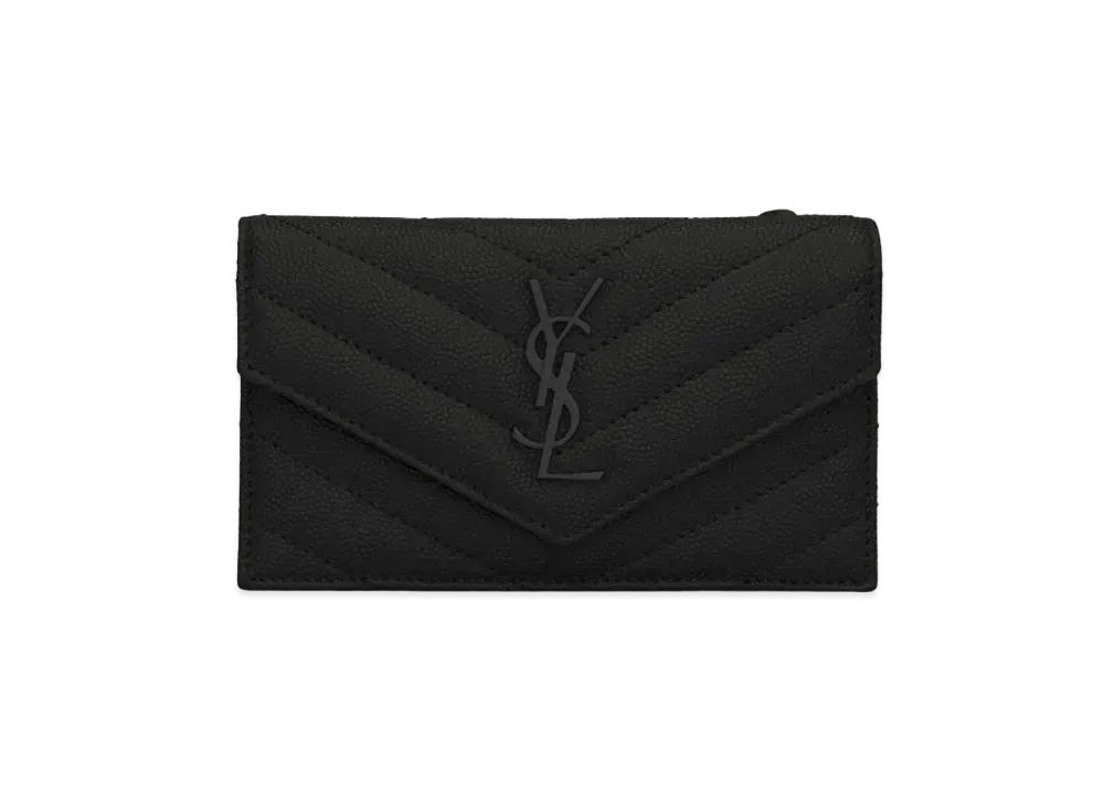 SAINT LAURENT Monogram Fragments Flap Card Case In Quilted Grain De Poudre Embossed Leather "Black"