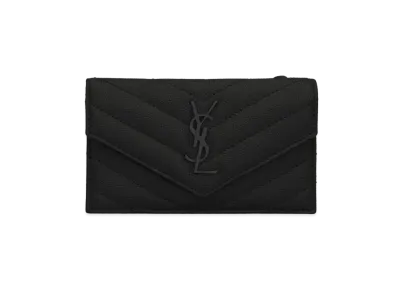 SAINT LAURENT Monogram Fragments Flap Card Case In Quilted Grain De Poudre Embossed Leather "Black"